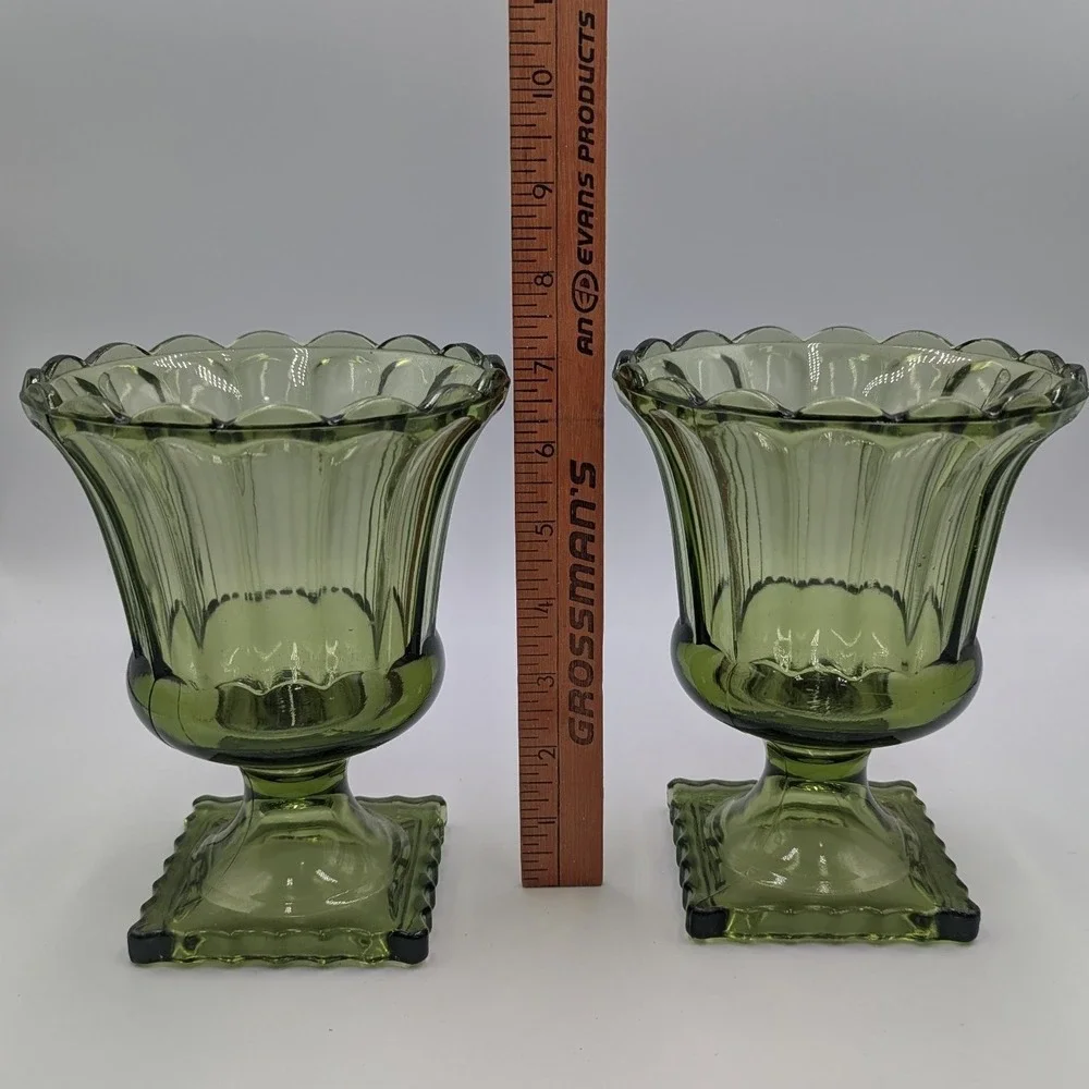 Indiana Glass Pedestal Vases Avocado Green Scalloped Rim Set of 2